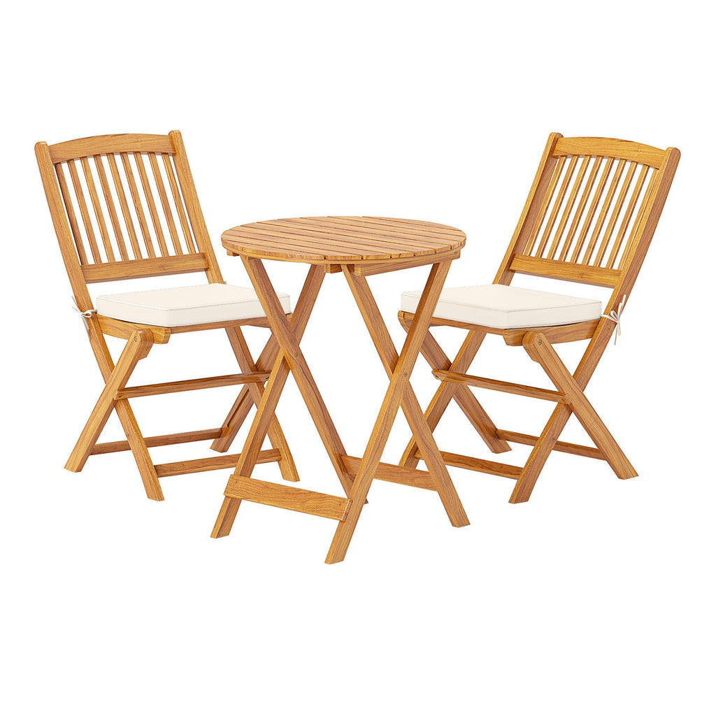3 Pieces Acacia Wood Patio Folding Bistro Set with Soft Cushions