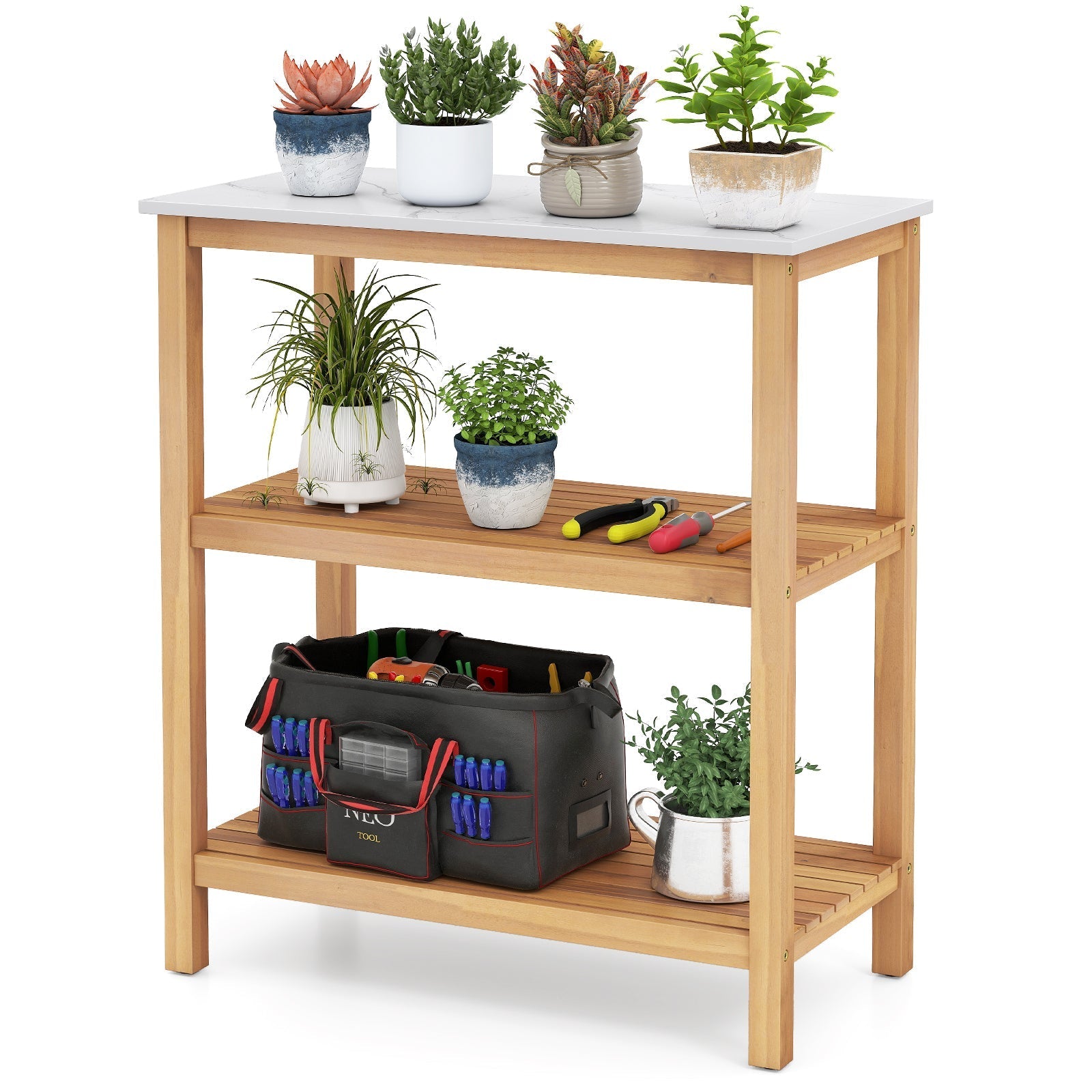 3-Tier Garden Potting Bench Table with Marble-Like Countertop