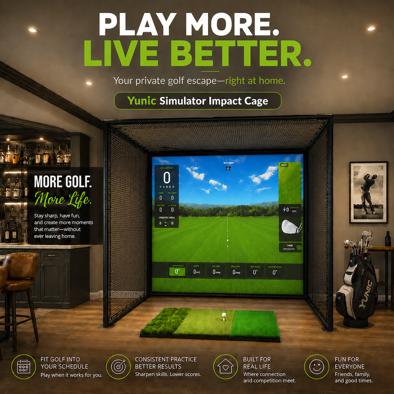 YUNIC Golf Driving Cage with Metal Frame and Simulator Impact Screen