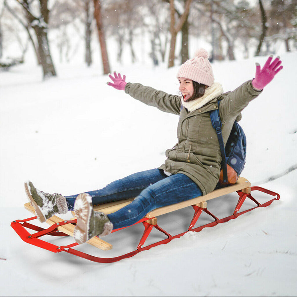 54 Inch Wood Snow Sled with Metal Runners and Steering Bar