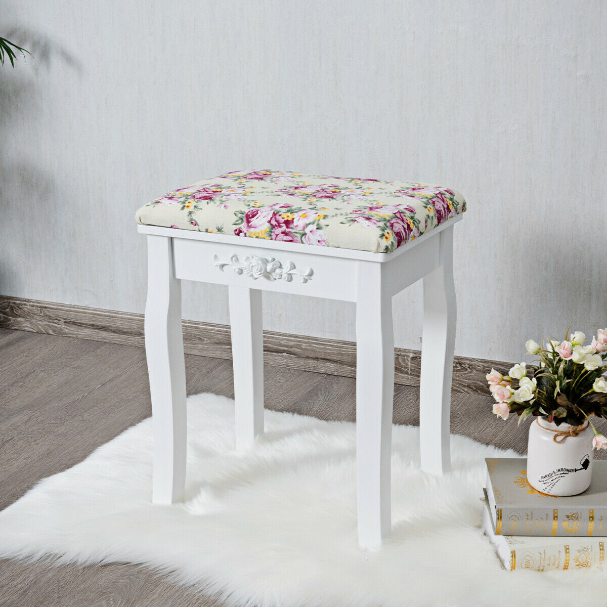 Vanity Wood Dressing Stool Padded Piano Seat with Rose Cushion
