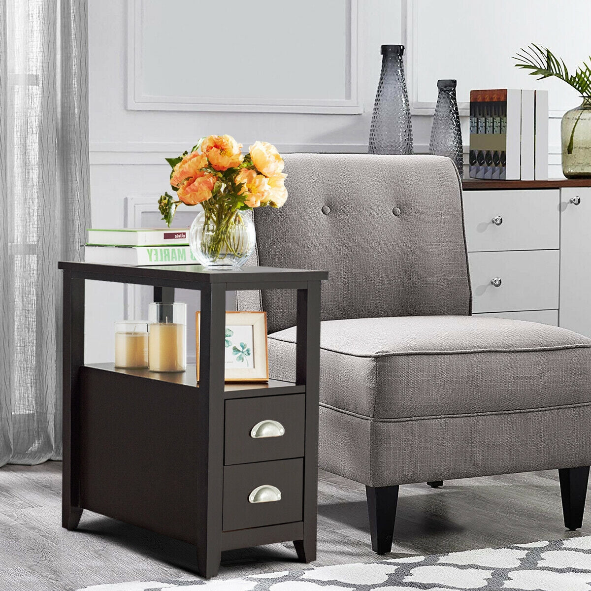 End Table Wooden with 2 Drawers and Shelf Bedside Table