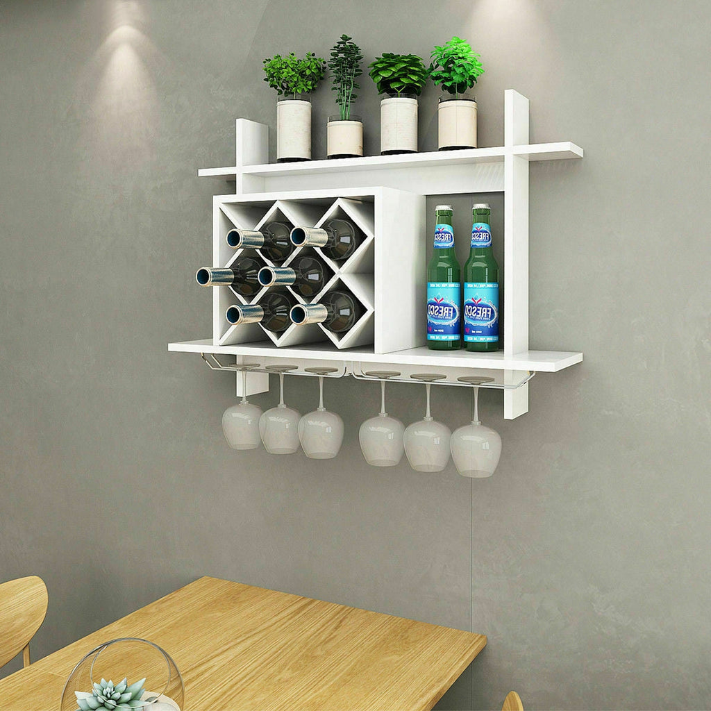 Wall Mount Wine Rack Organizer with Glass Holder Storage Shelf
