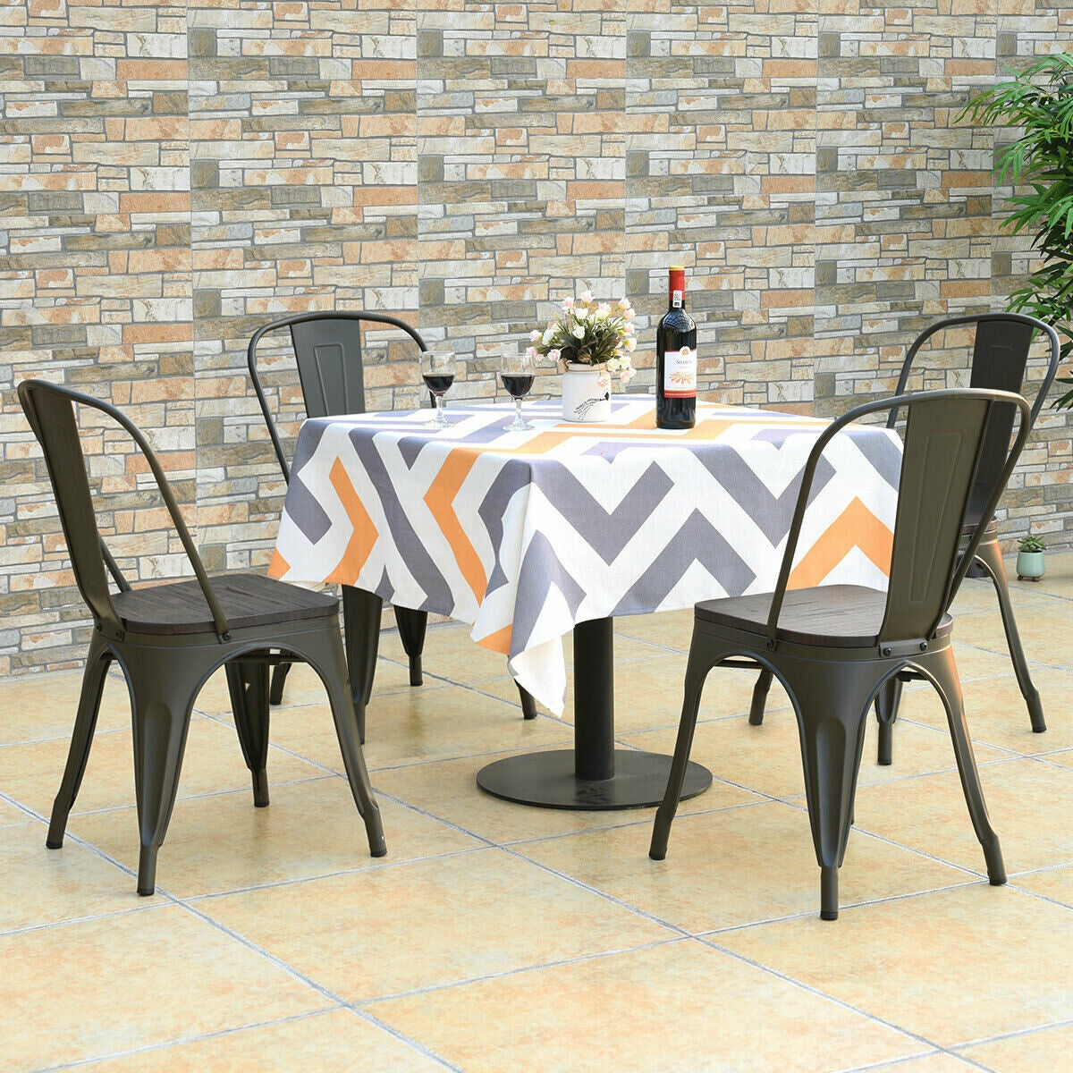 4 Pieces Tolix Style Metal Dining Side Chair Stackable Wood Seat