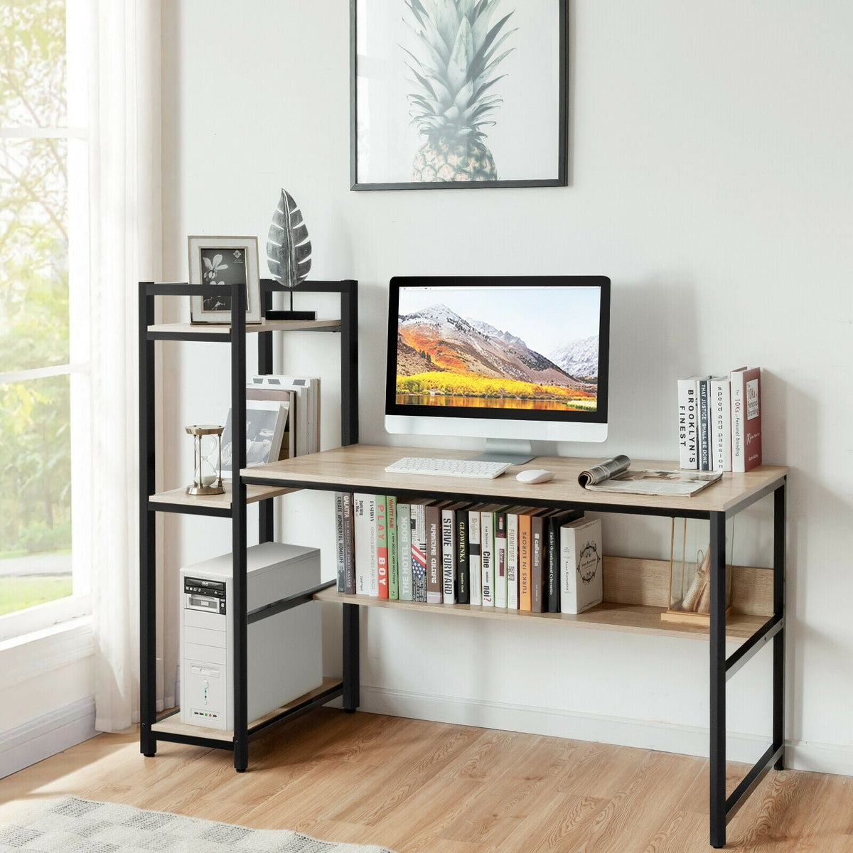 59-Inch Computer Desk Home Office Workstation 4-Tier Storage Shelves