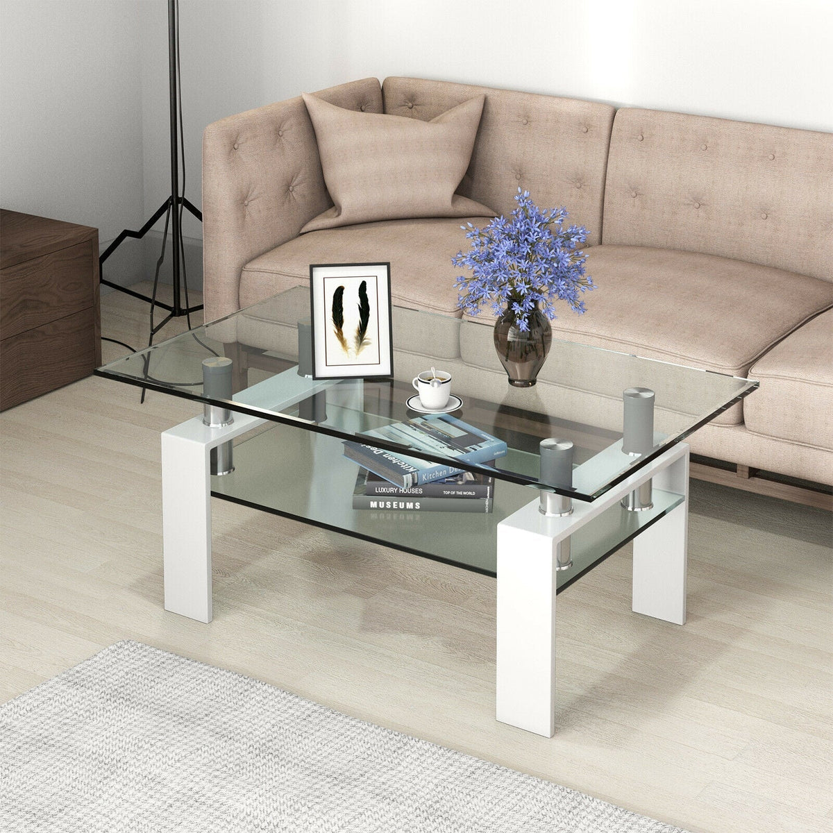 Rectangle Glass Coffee Table with Metal Legs for Living Room