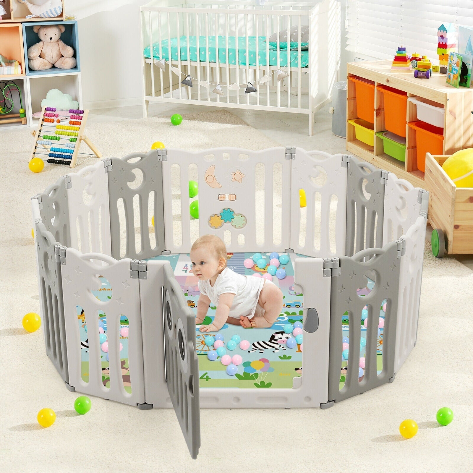 14-Panel Baby Playpen Kids Activity Center Foldable Play Yard with Lock Door