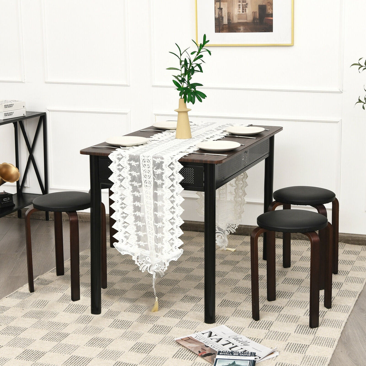 Set of 4 Bentwood Round Stool Stackable Dining Chairs with Padded Seat