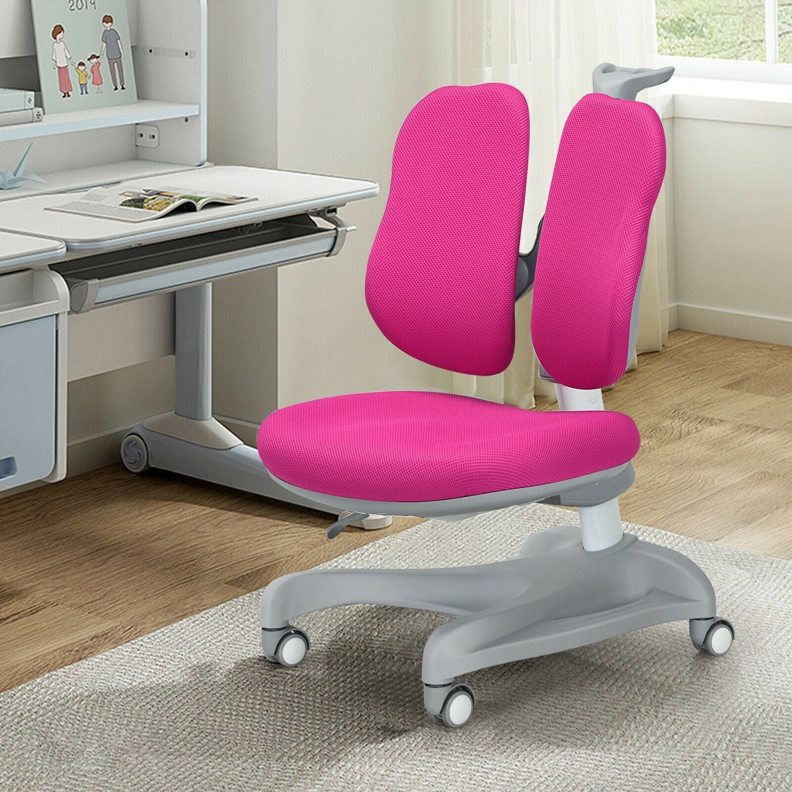 Adjustable Height Student Chair with Sit-Brake Casters and Lumbar Support for Home and School