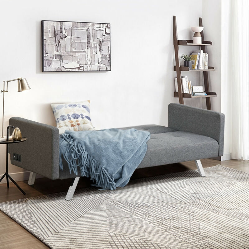 3 Seat Convertible Linen Fabric Futon Sofa with USB and Power Strip