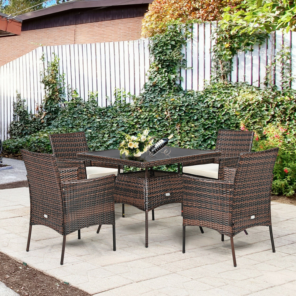 5 Pieces Patio Rattan Dining Furniture Set with Arm Chair and Wooden Table Top