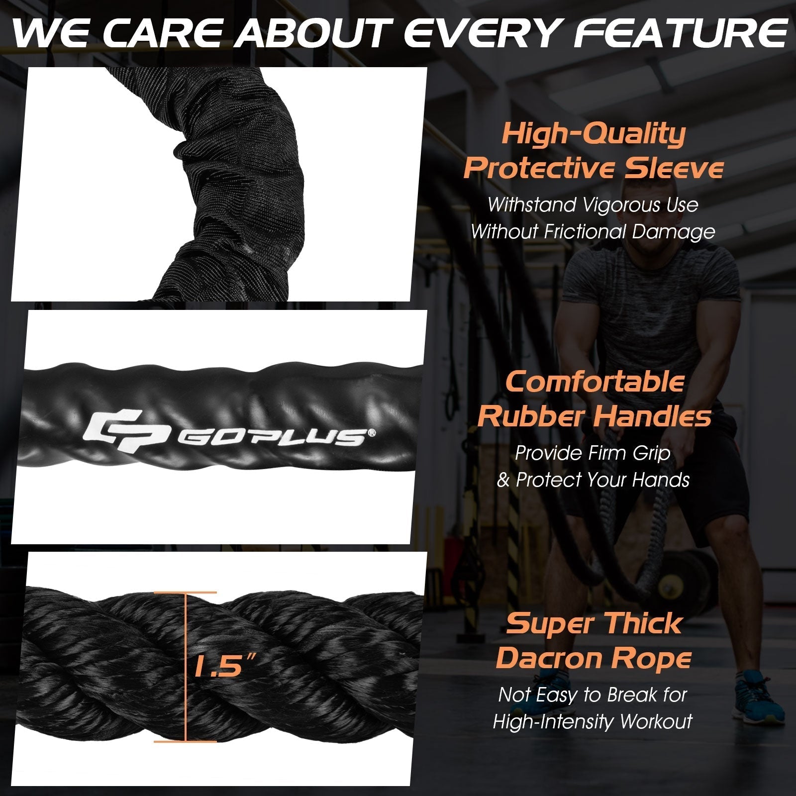 30/40/50 Feet 1.5 Inch Diameter Battle Rope with Protective Sleeve