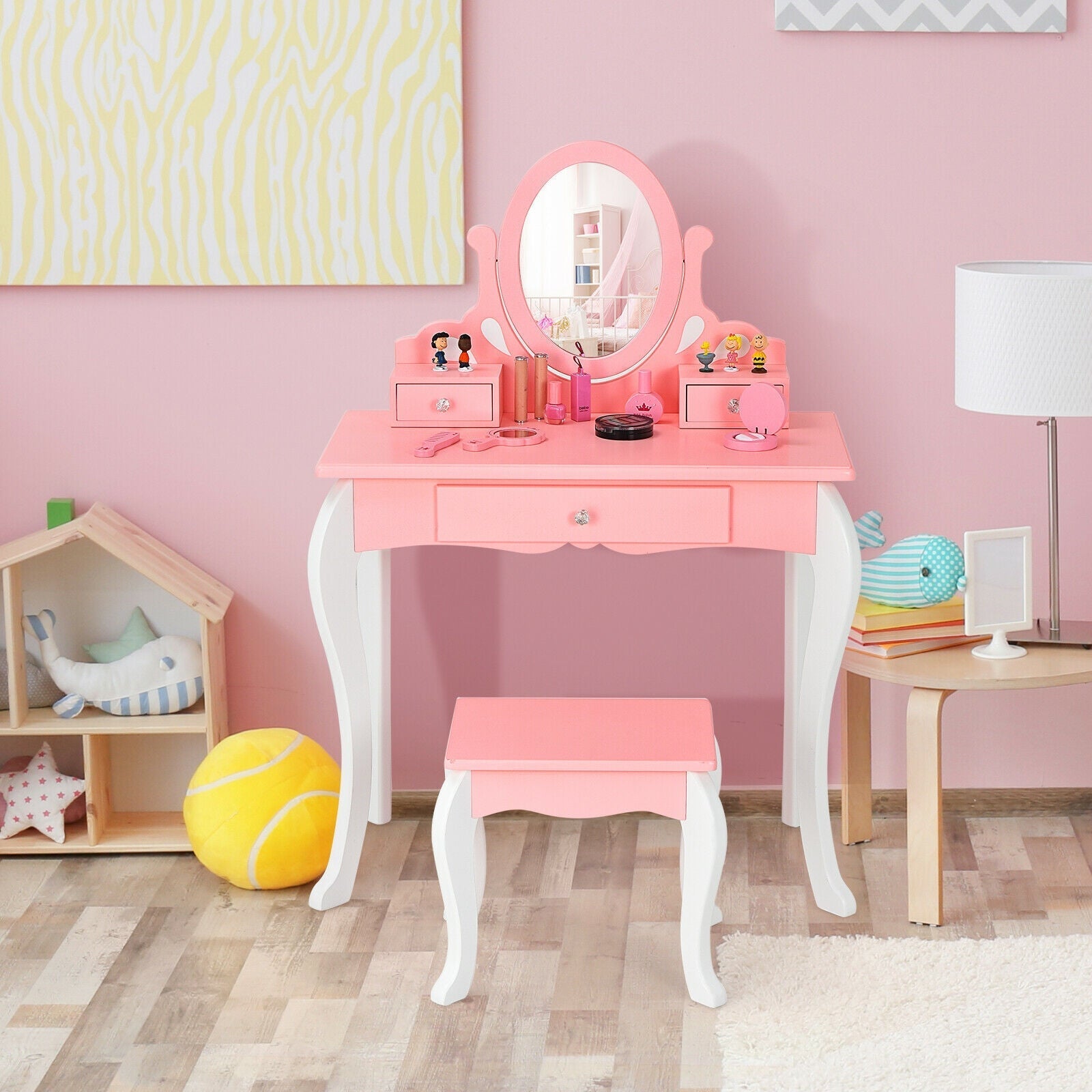 Kids Vanity Princess Makeup Dressing Table Stool Set with Mirror and Drawer