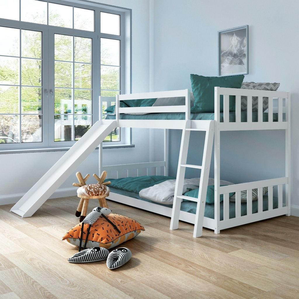 Twin over Twin Bunk Wooden Low Bed with Slide Ladder for Kids