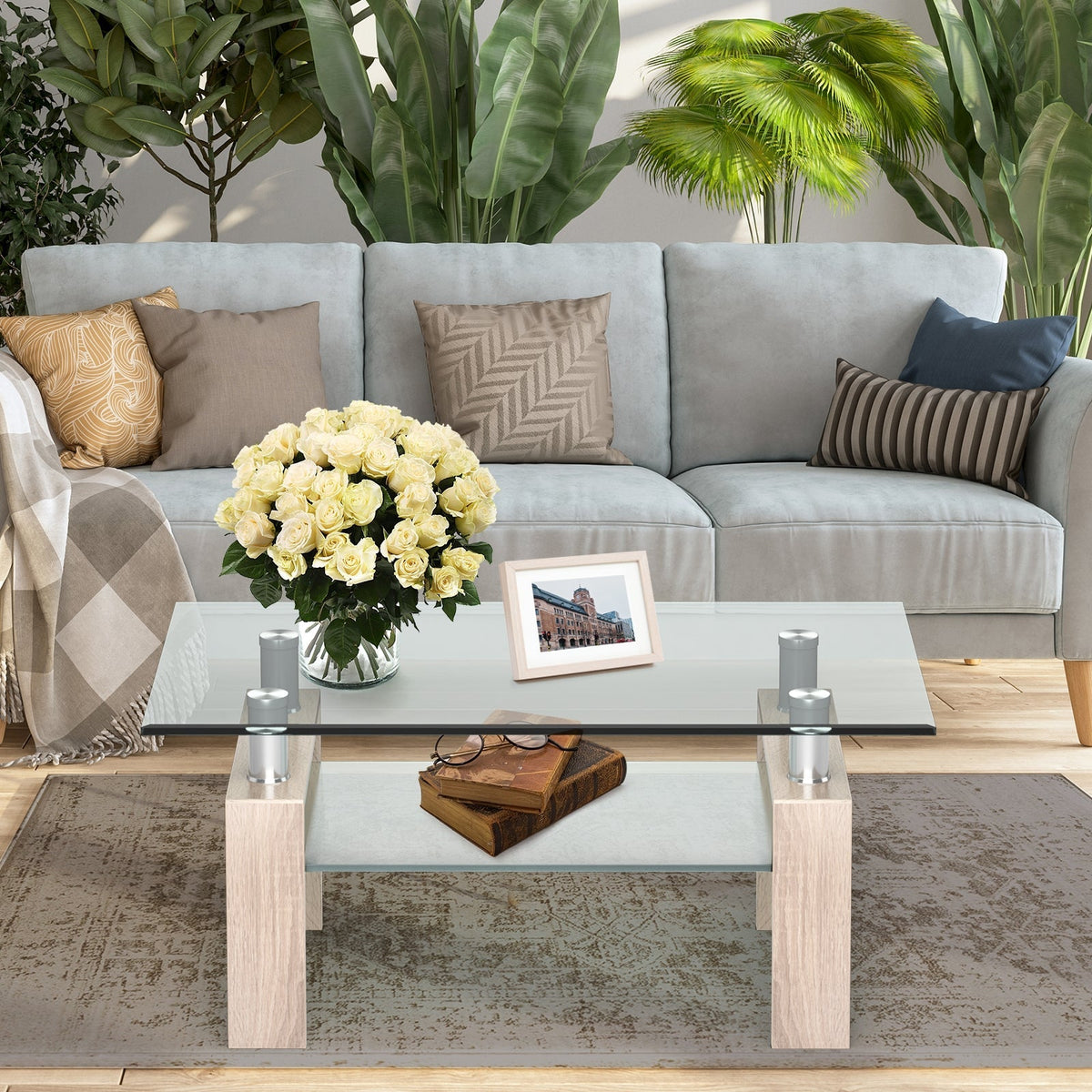 Rectangle Glass Coffee Table with Metal Legs for Living Room