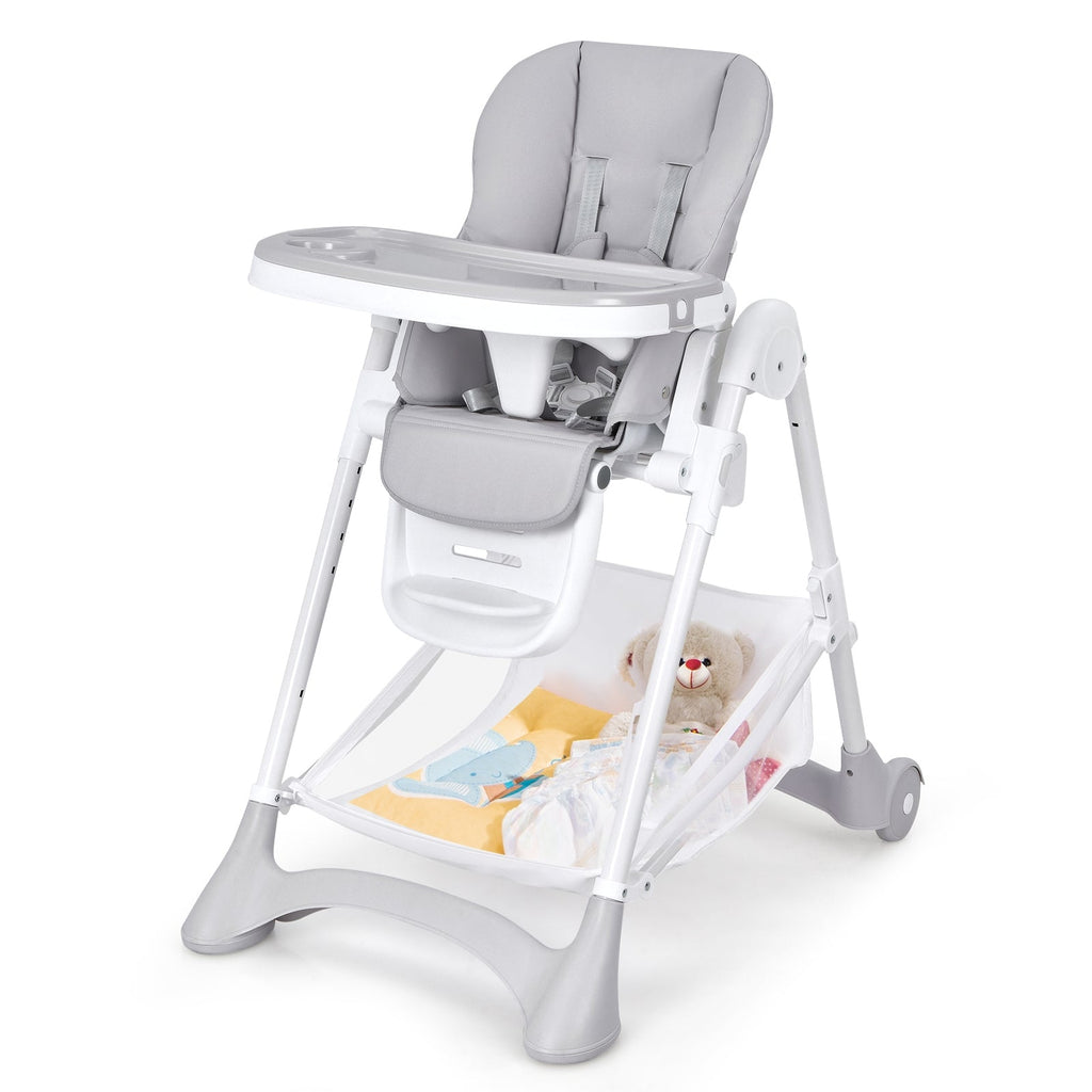 Baby Convertible Folding Adjustable High Chair with Wheel Tray Storage Basket