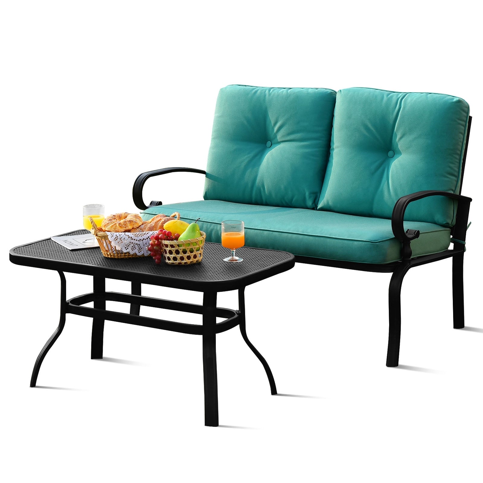 2 Pieces Patio Loveseat Bench Table Furniture Set with Cushioned Chair-Blue