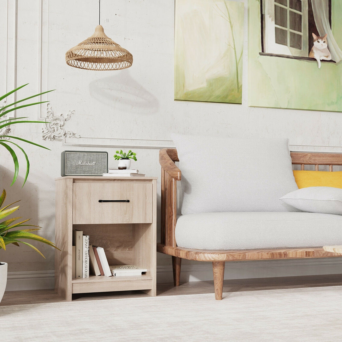 Wooden Nightstand with Drawer and Open Storage Compartment