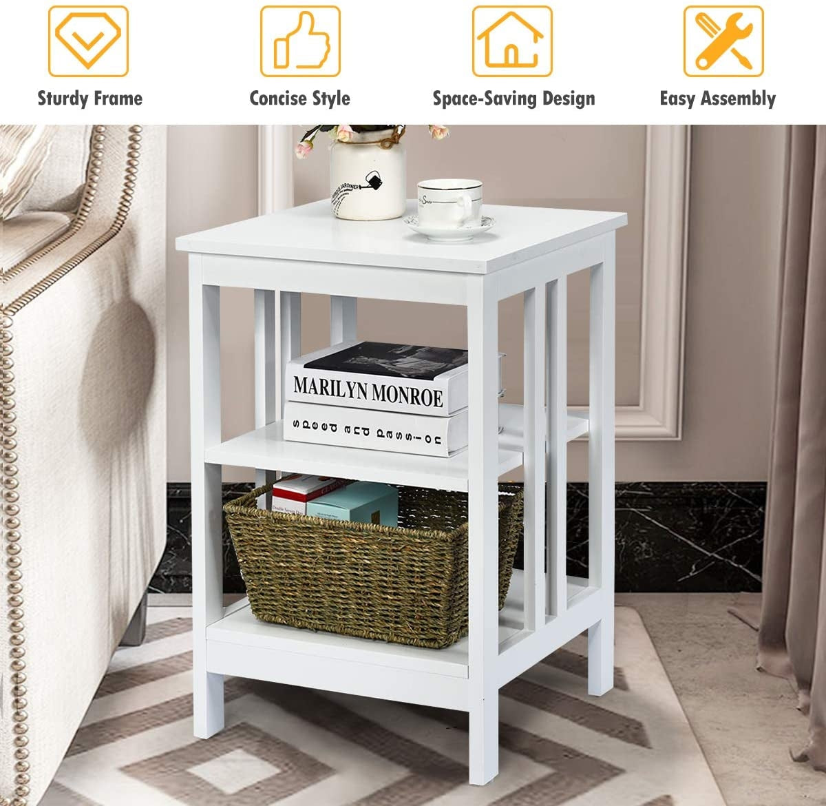 2 Pieces 3-Tier Nightstand with Reinforced Bars and Stable Structure