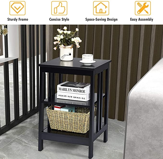 2 Pieces 3-Tier Nightstand with Reinforced Bars and Stable Structure