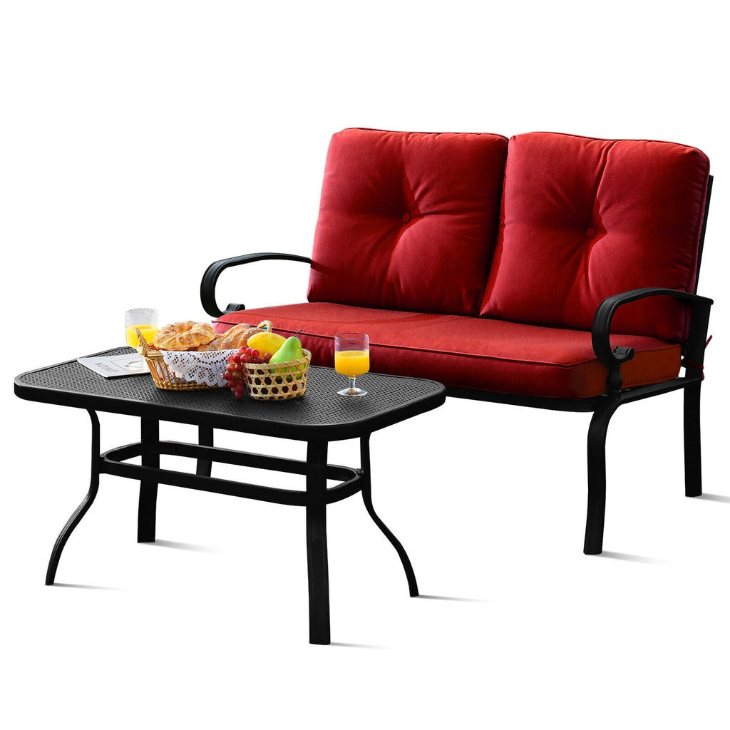 2 Pieces Patio Loveseat Bench Table Furniture Set with Cushioned Chair-Blue