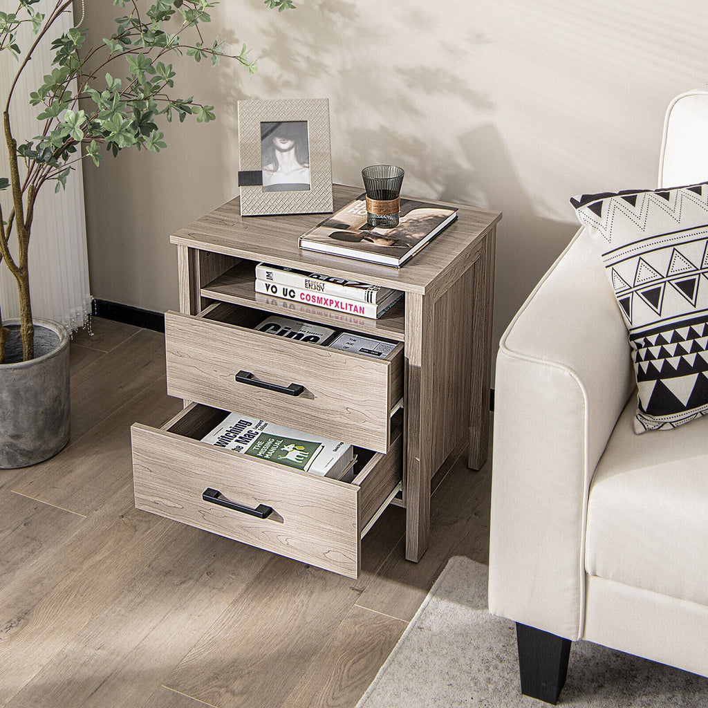 Modern Wood Grain Nightstand with Cable Hole and Open Compartment