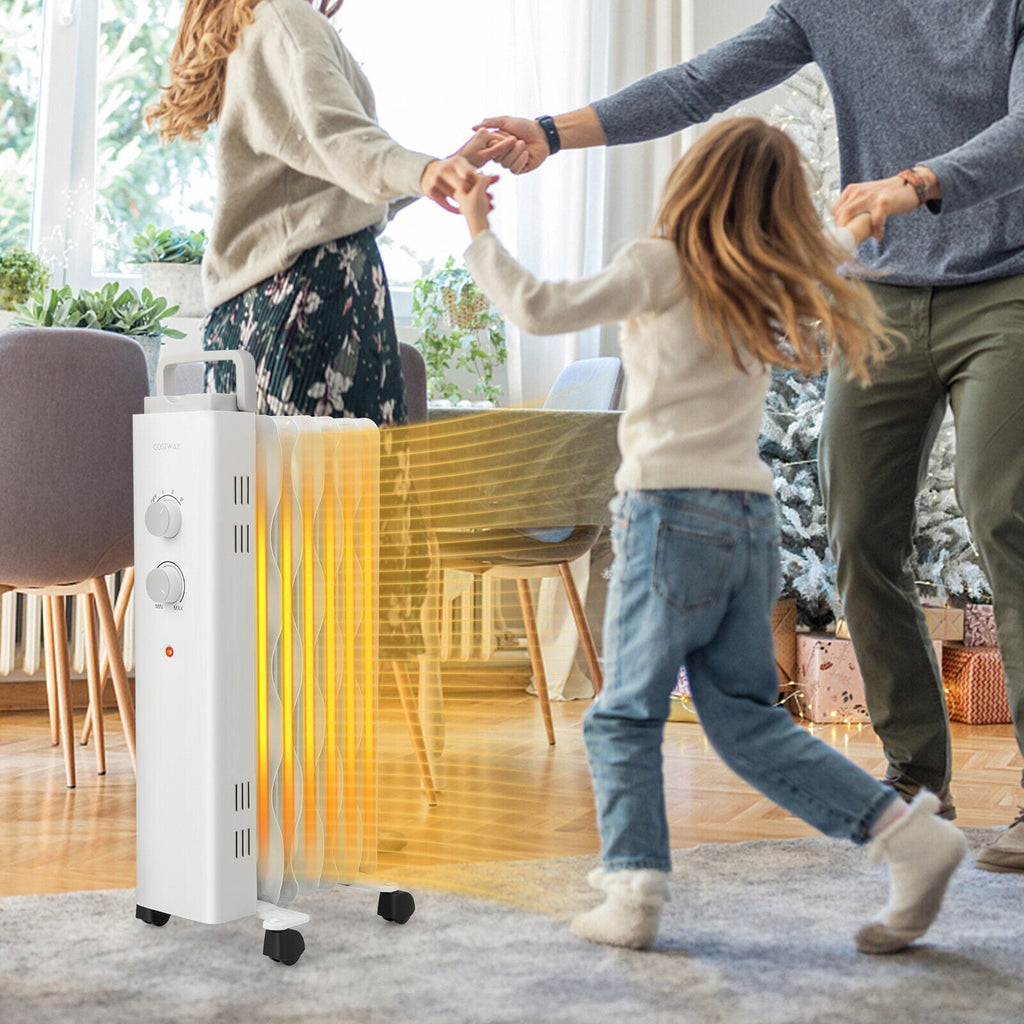 1500W Oil Filled Space Heater with Universal Wheels and 3-Level Heat-White
