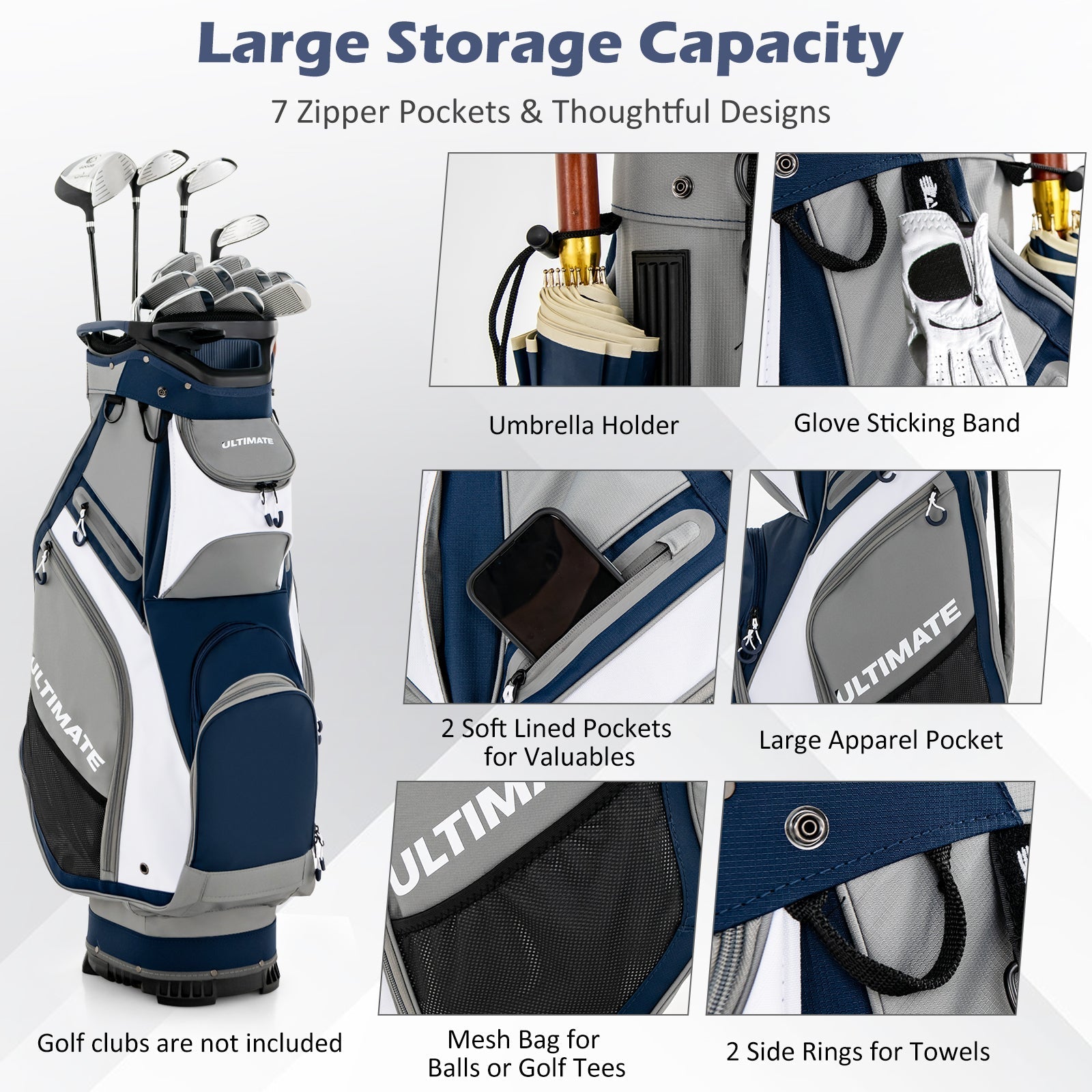 10.5 Inch Golf Stand Bag with 14 Way Dividers and 7 Zippered Pockets