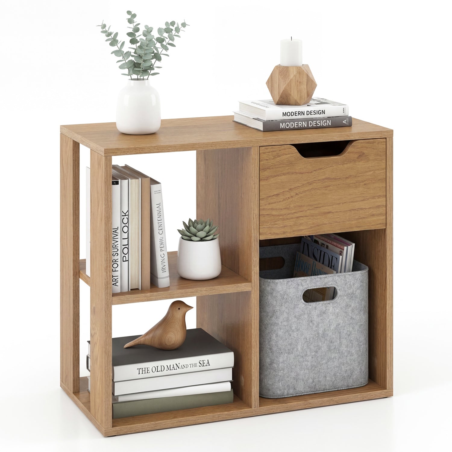 3-Cube Bookcase 2-tier Wooden Storage Shelf with Pull-out Drawer-Brown