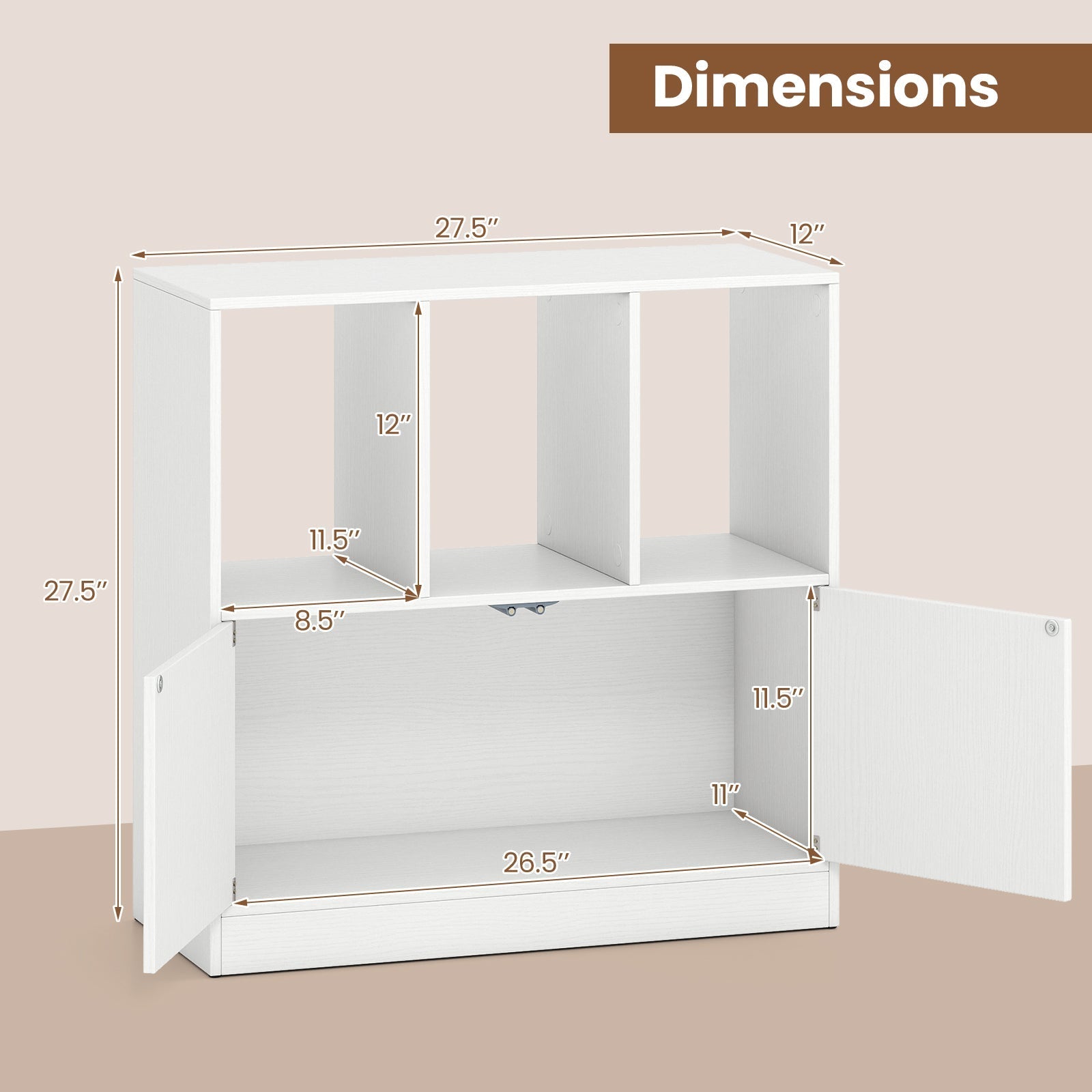 3-Cube Bookcase with Doors 3-Tier Cubic Bookshelf with Open Compartments and Cabinet