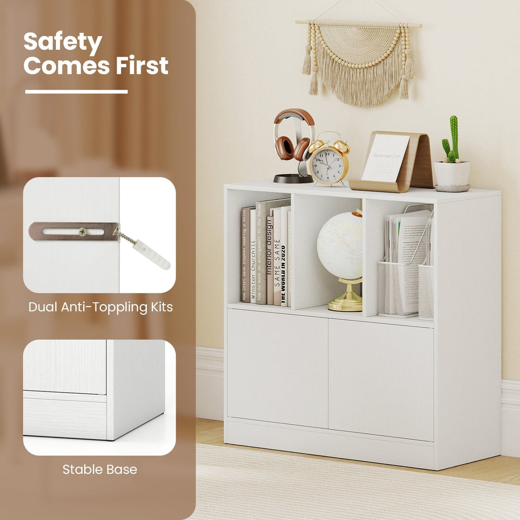 3-Cube Bookcase with Doors 3-Tier Cubic Bookshelf with Open Compartments and Cabinet