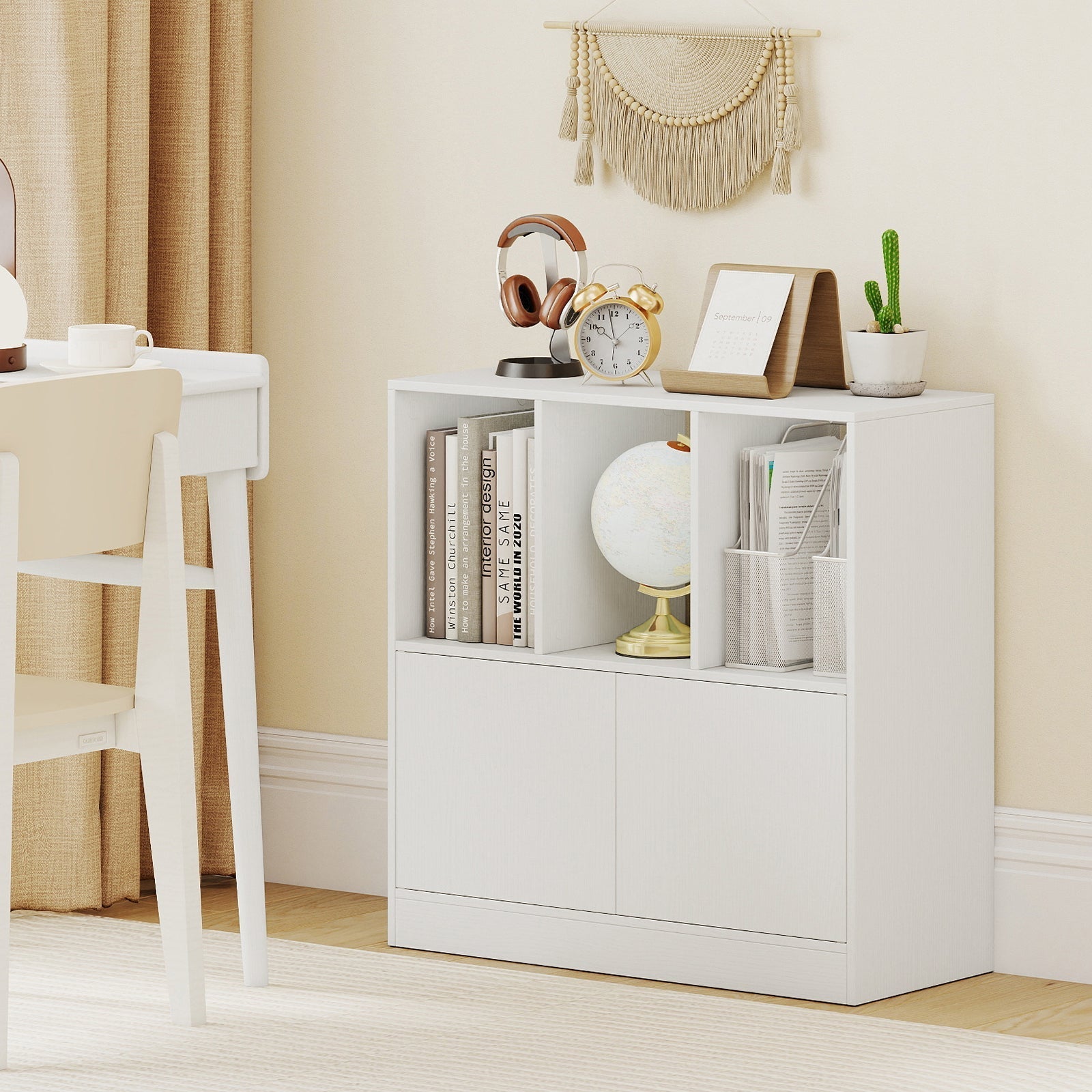 3-Cube Bookcase with Doors 3-Tier Cubic Bookshelf with Open Compartments and Cabinet