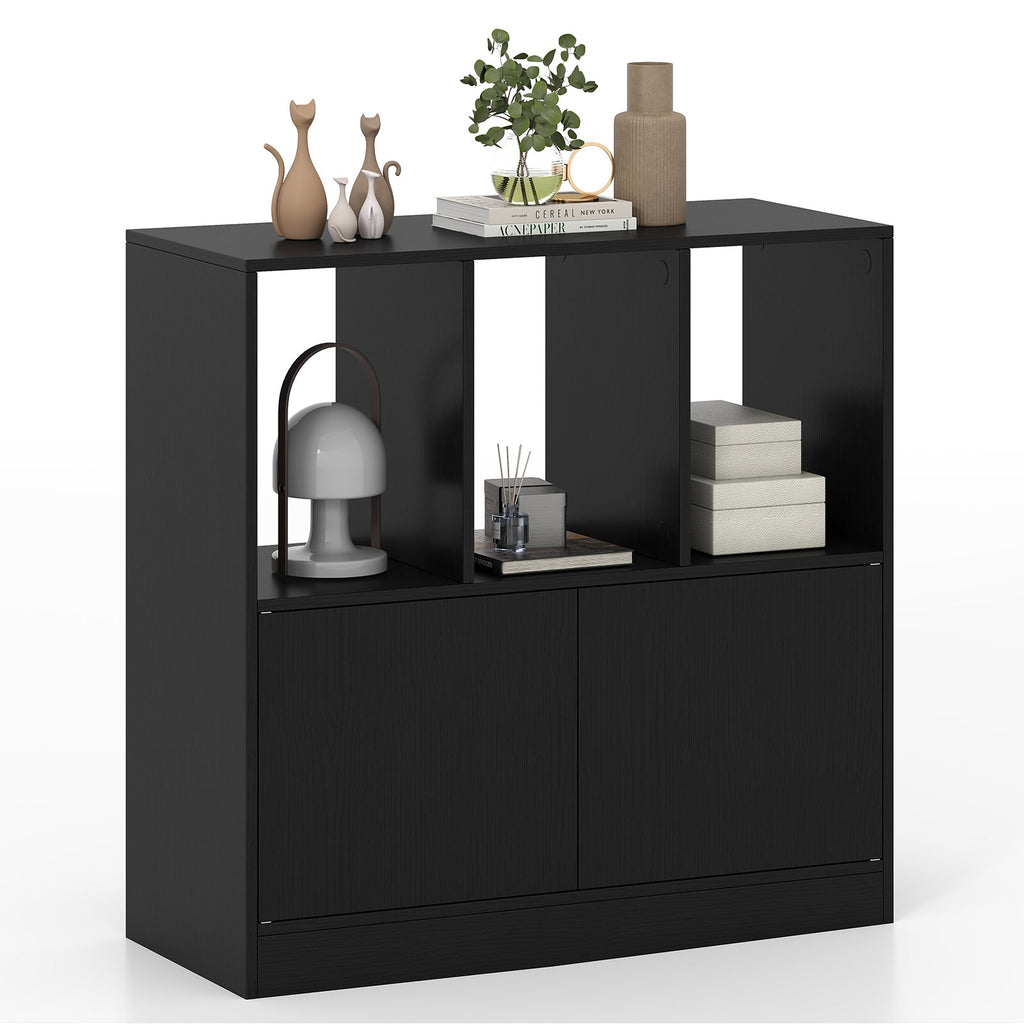 3-Cube Bookcase with Doors 3-Tier Cubic Bookshelf with Open Compartments and Cabinet