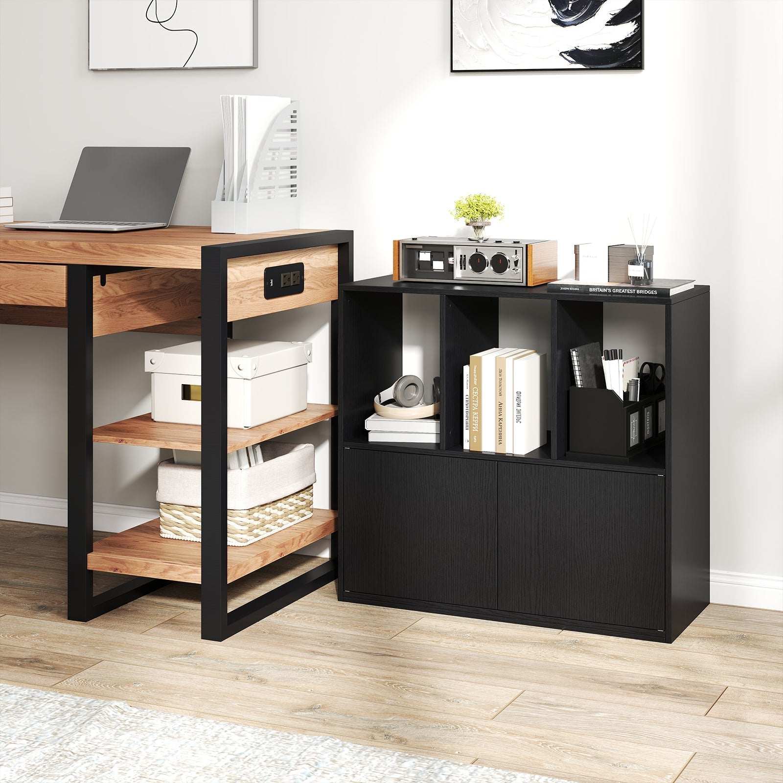 3-Cube Bookcase with Doors 3-Tier Cubic Bookshelf with Open Compartments and Cabinet
