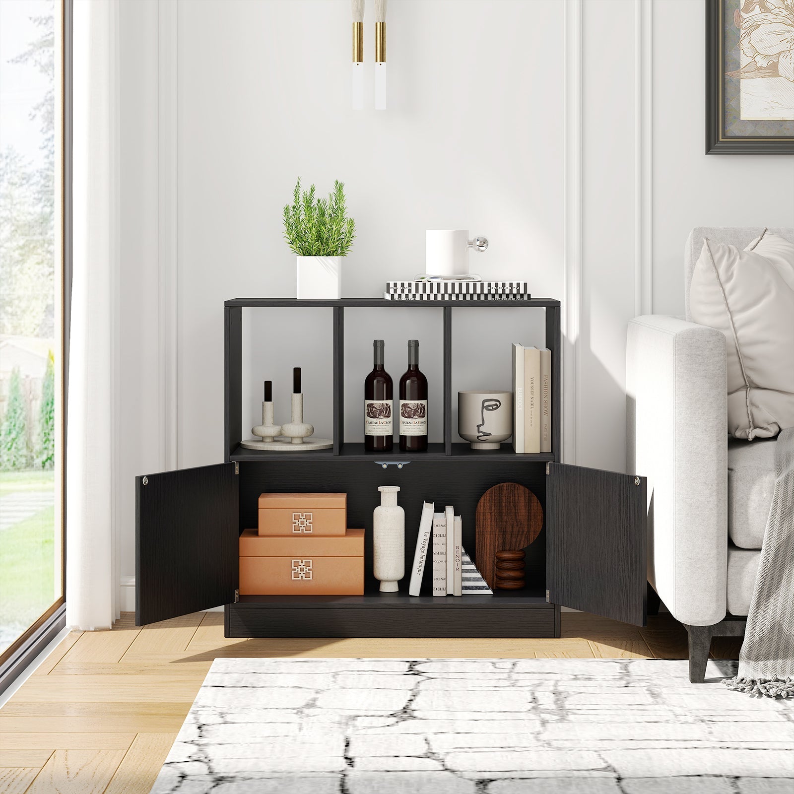 3-Cube Bookcase with Doors 3-Tier Cubic Bookshelf with Open Compartments and Cabinet