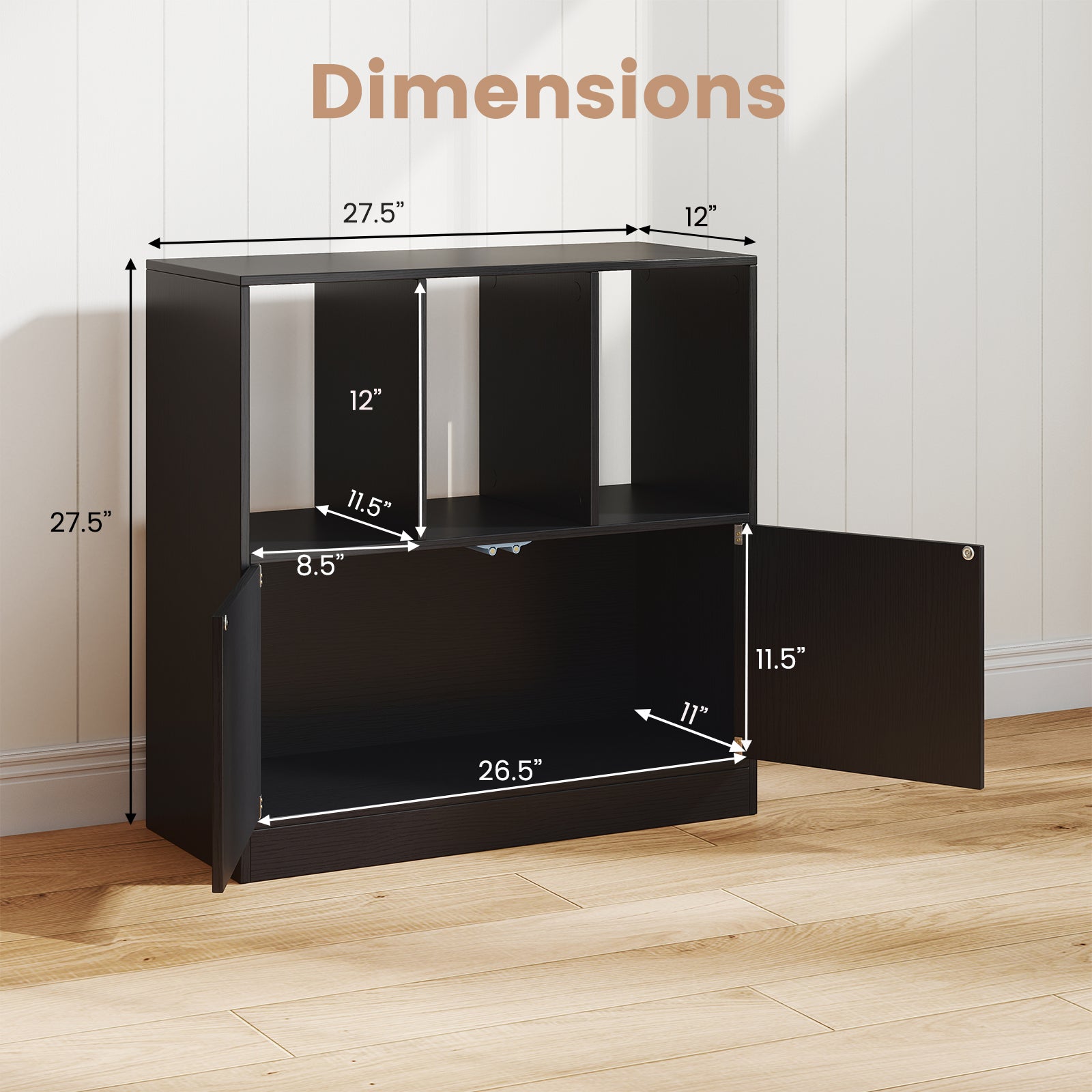 3-Cube Bookcase with Doors 3-Tier Cubic Bookshelf with Open Compartments and Cabinet
