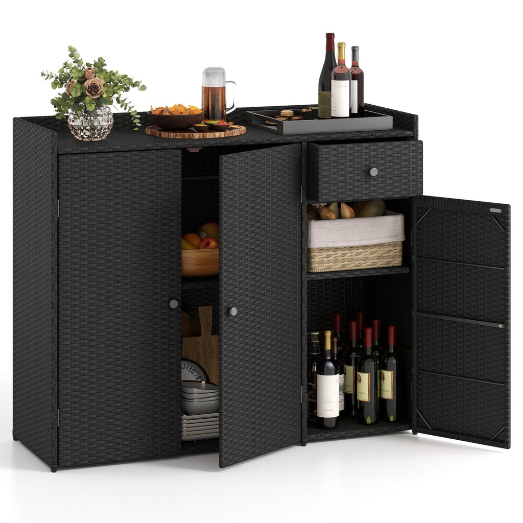 Outdoor PE Wicker Storage Cabinet with 3 Doors and Drawer