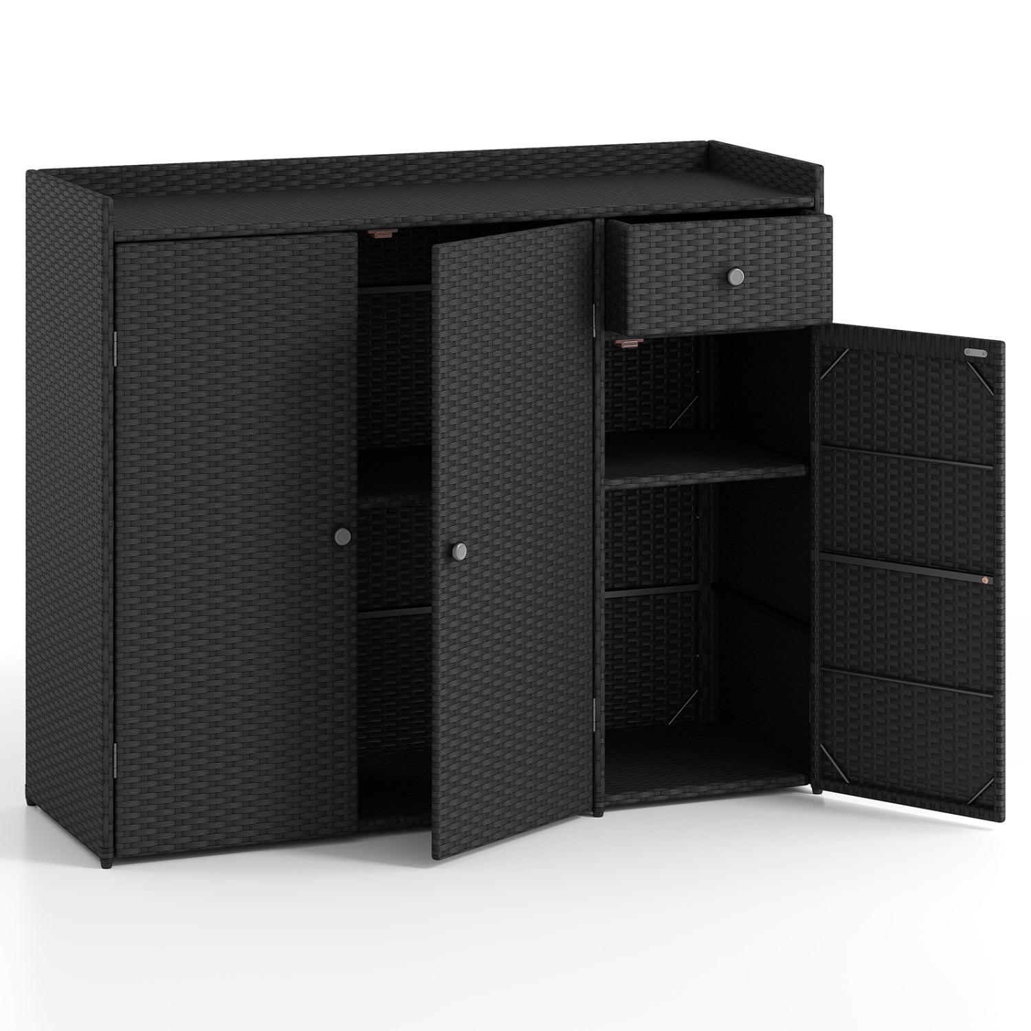 Outdoor PE Wicker Storage Cabinet with 3 Doors and Drawer