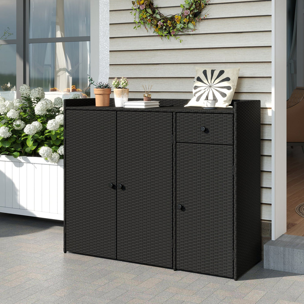 Outdoor PE Wicker Storage Cabinet with 3 Doors and Drawer