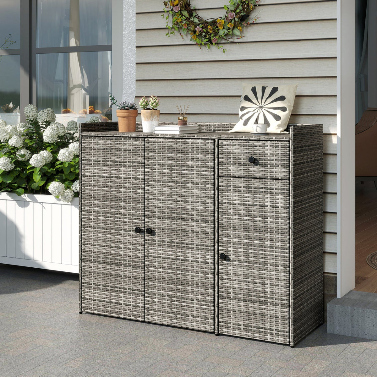 Outdoor PE Wicker Storage Cabinet with 3 Doors and Drawer