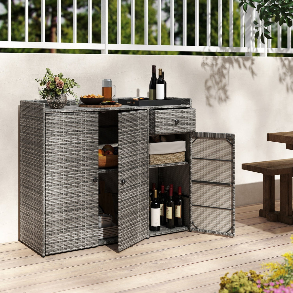 Outdoor PE Wicker Storage Cabinet with 3 Doors and Drawer