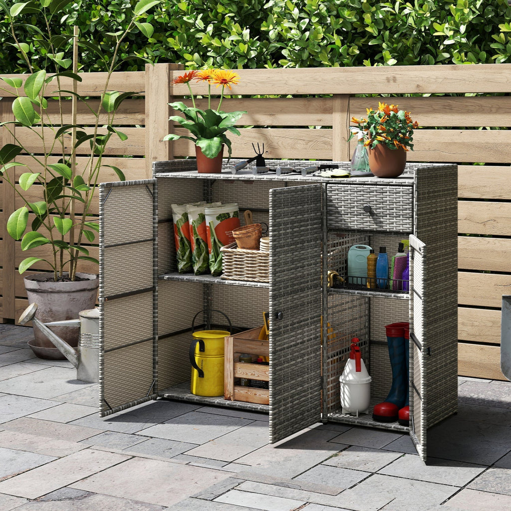 Outdoor PE Wicker Storage Cabinet with 3 Doors and Drawer