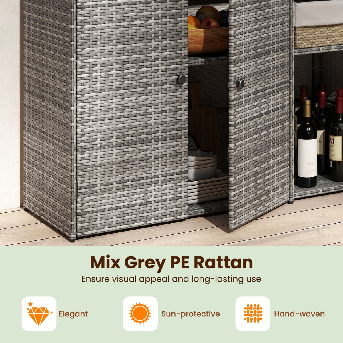 Outdoor PE Wicker Storage Cabinet with 3 Doors and Drawer