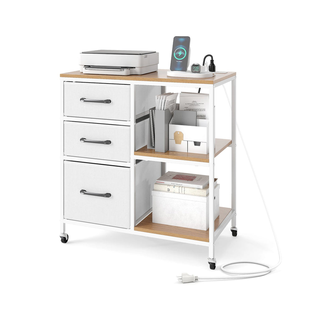 3 Drawer Mobile File Cabinet with Charging Station Rolling Printer Stand with Open Storage Shelves