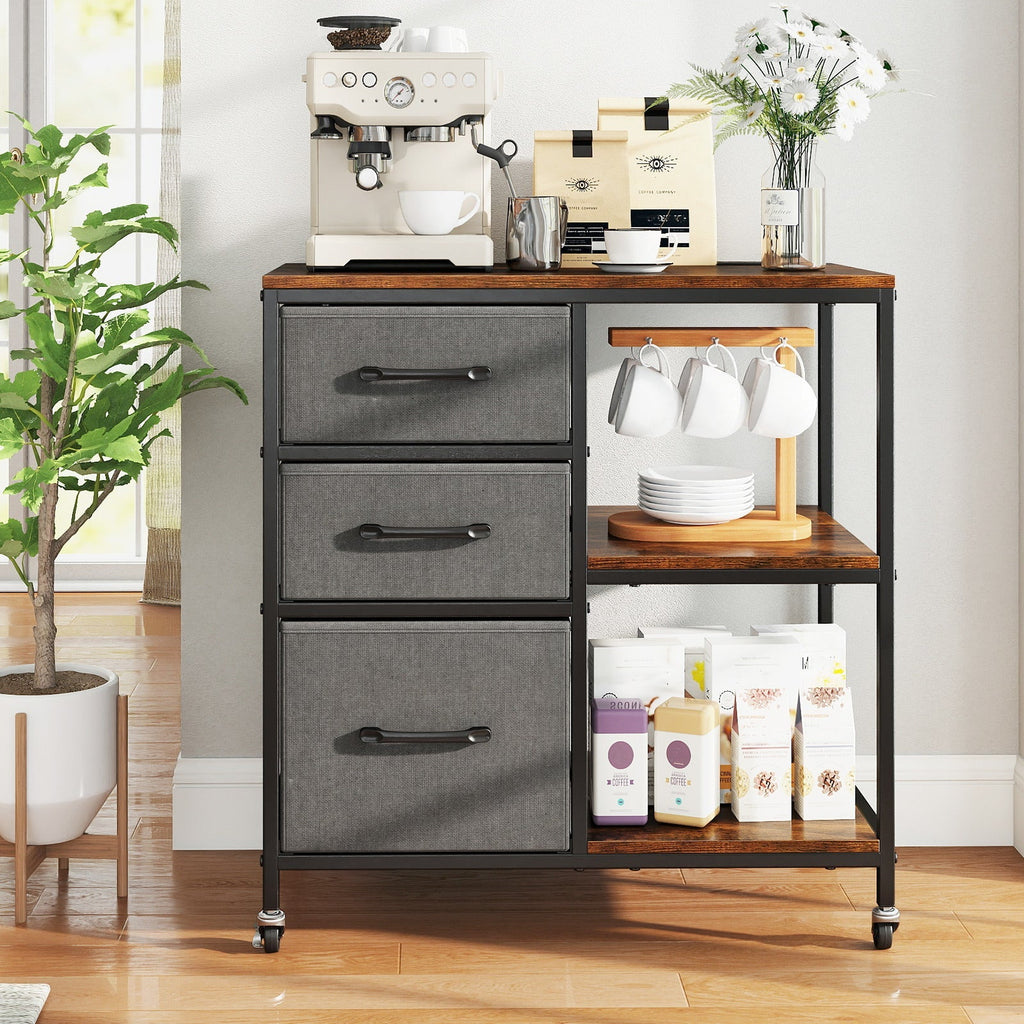 3 Drawer Mobile File Cabinet with Charging Station Rolling Printer Stand with Open Storage Shelves