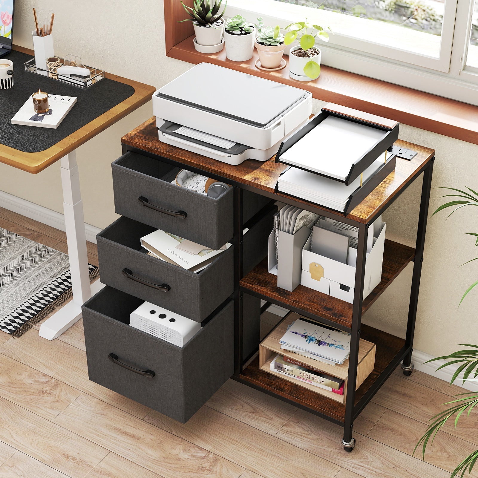 3 Drawer Mobile File Cabinet with Charging Station Rolling Printer Stand with Open Storage Shelves