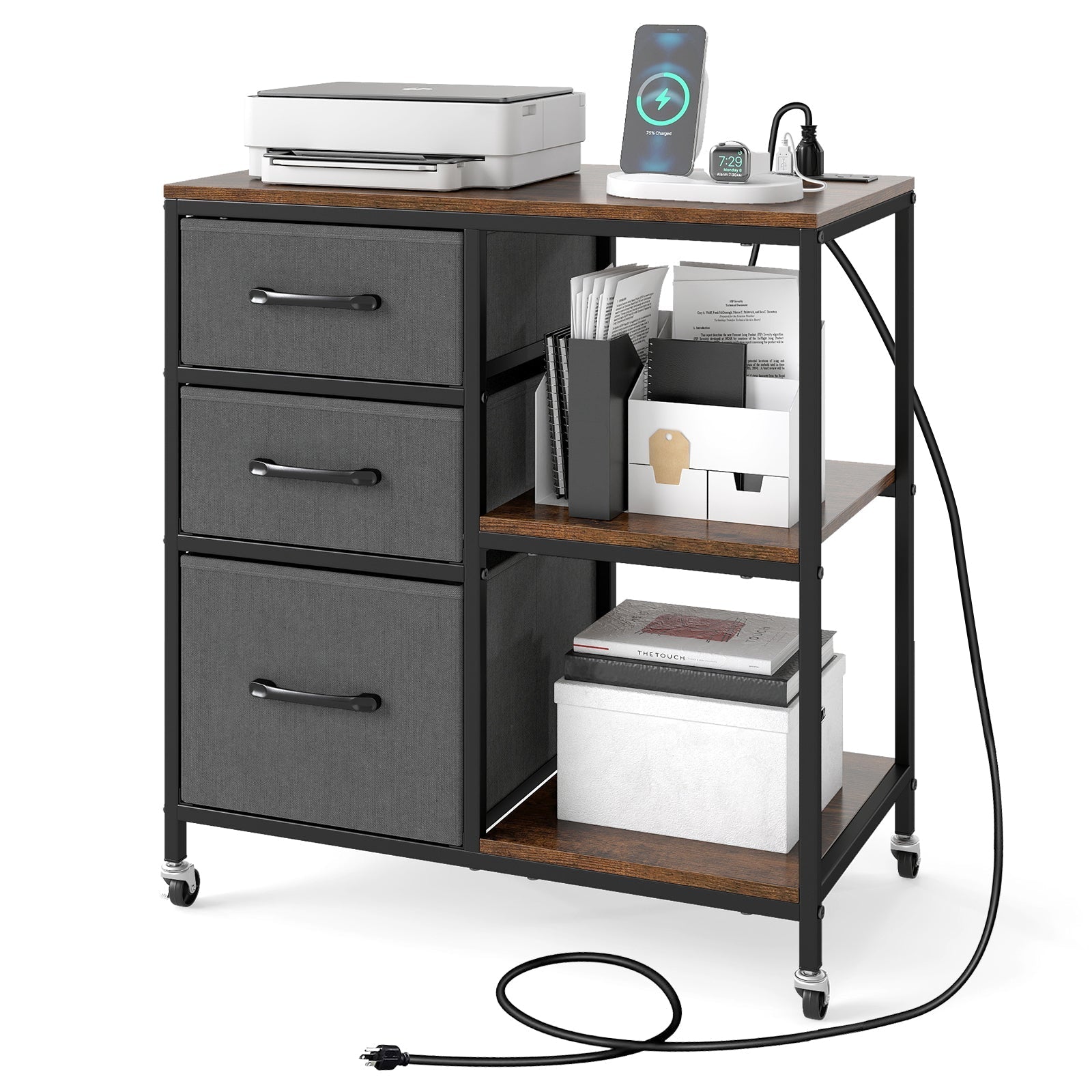 3 Drawer Mobile File Cabinet with Charging Station Rolling Printer Stand with Open Storage Shelves