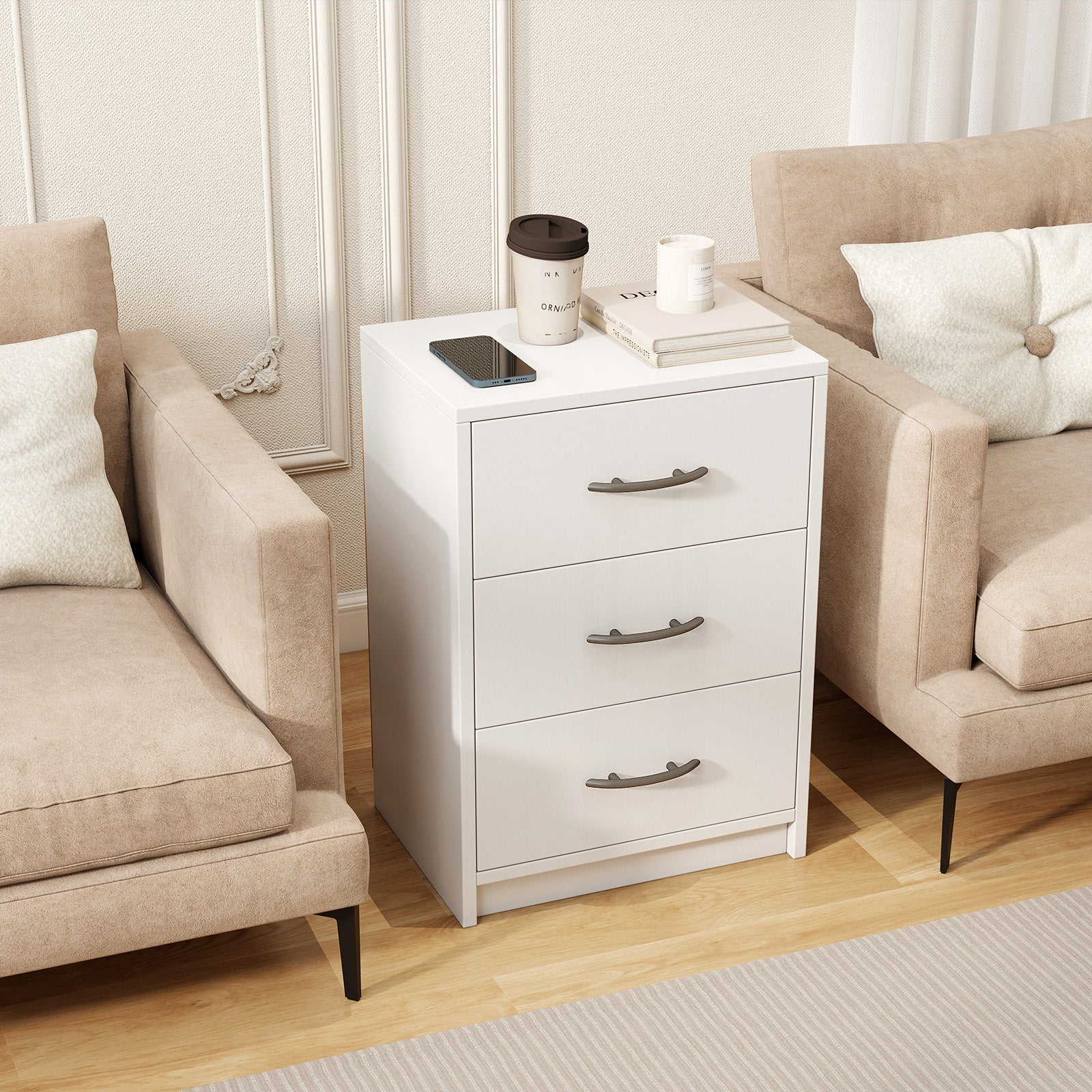 3 Drawer Nightstand with Storage for Living Room-White
