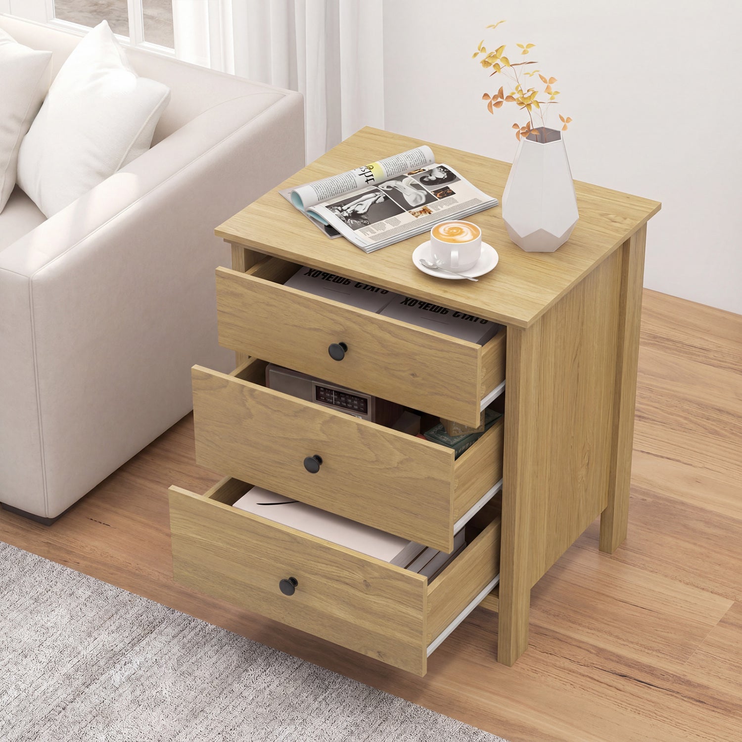 3-Drawer Wooden Nightstand with Metal Slides