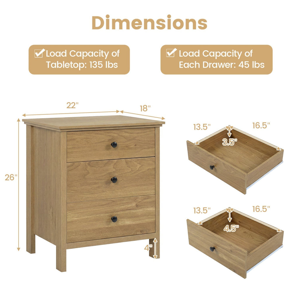 3-Drawer Wooden Nightstand with Metal Slides